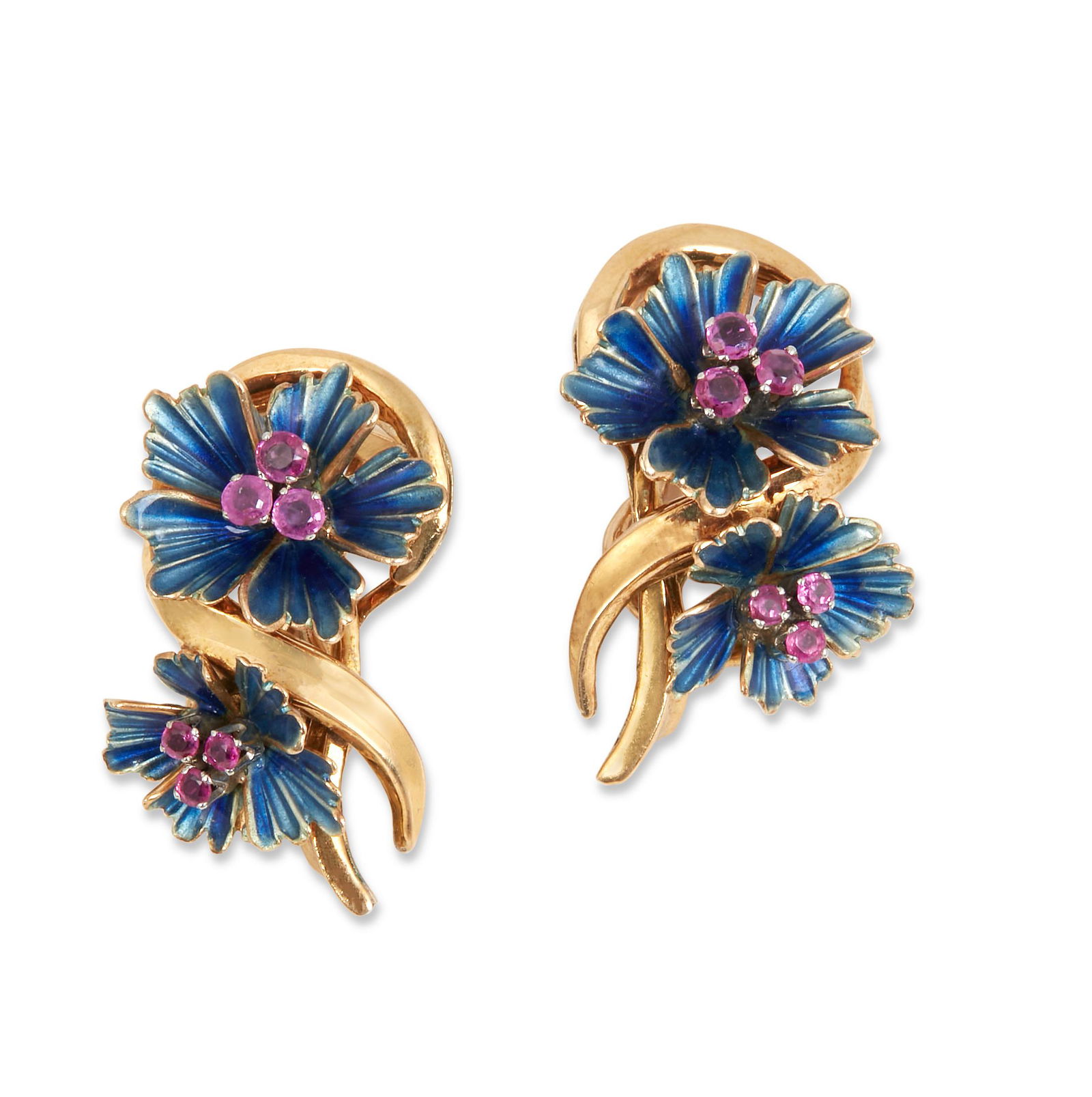 Pair of ruby, enamel & 18K gold flower ear clips (1 of 3)