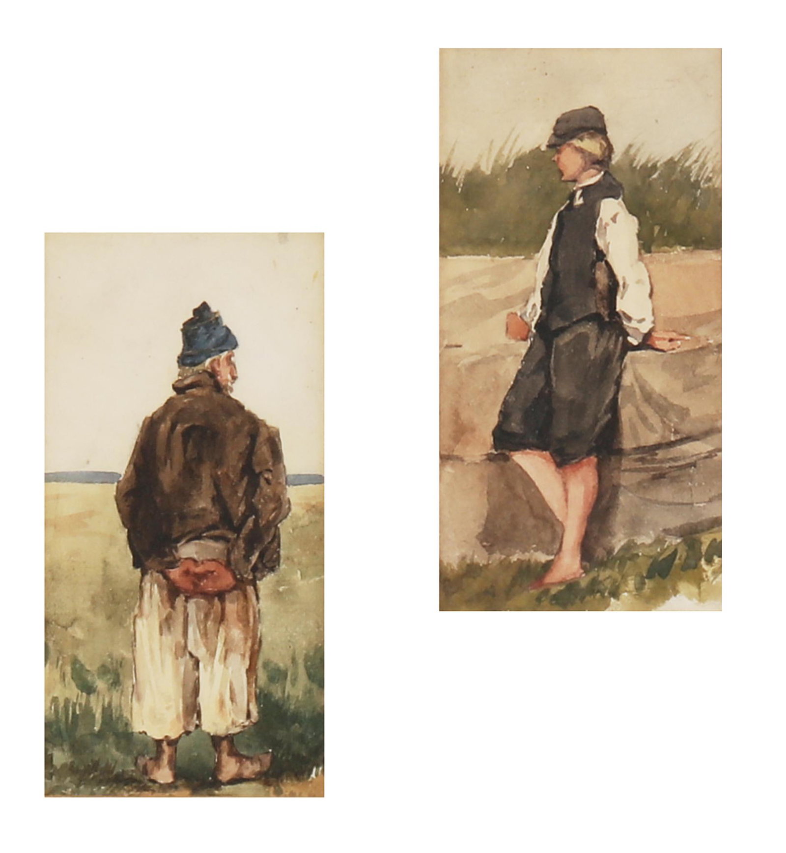 British School, Figures in landscapes, watercolor: British School(19th Century)Figures in landscapeswatercolor on paper7 x 3 3/4in (18 x 9.5cm)