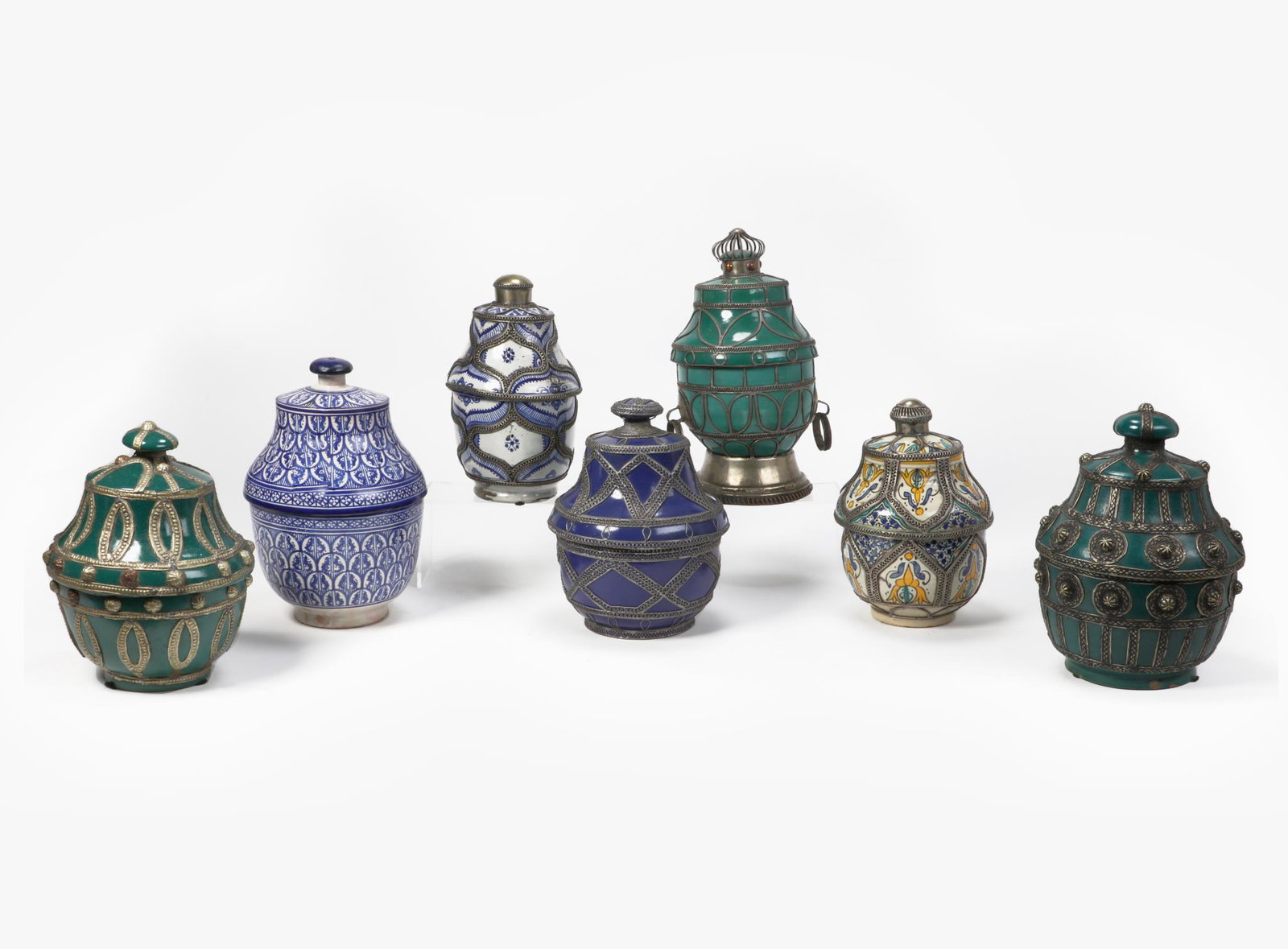 A group of seven Moroccan covered decorative jars (1 of 5)