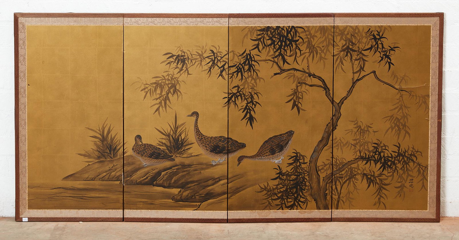 A Japanese four panel screen depicting ducks: A Japanese four panel screen depicting duckseach panel height 36 1/4in (92cm); width18 1/2in (47cm) Provenance:Property from the Estate of Ray and Ruth Hill, Seattle, WA.
