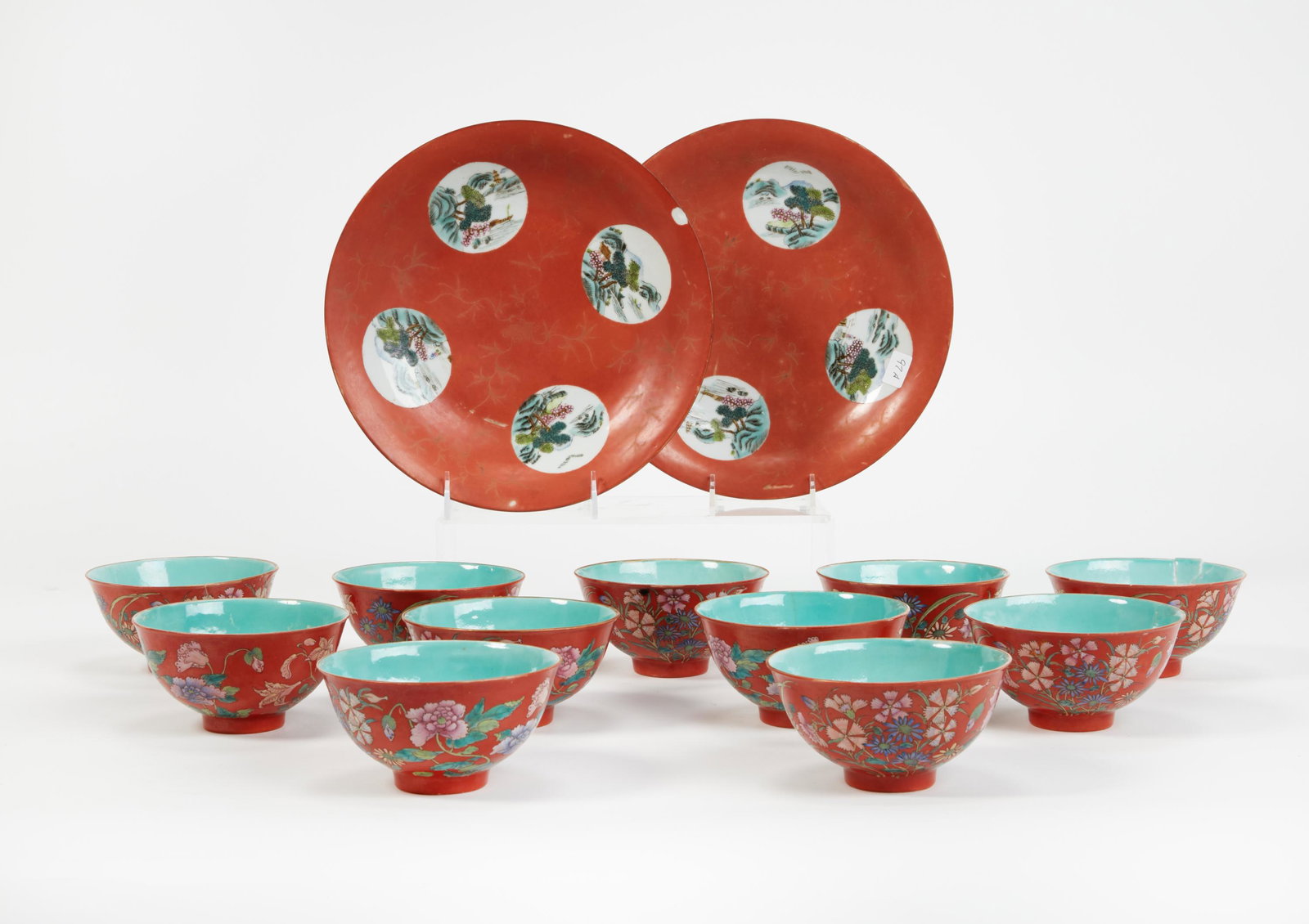 Thirteen Chinese coral ground bowls and dishes (1 of 5)