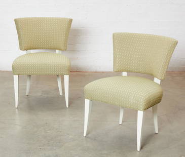 Pair cream painted and green fabric side chairs: A pair of cream painted and green fabric upholstered side chairsmid 20th centuryPossibly by William "Billy" Haines.height 33 1/2in (85cm); width 24 1/2in (62cm); depth 21 3/4in (55cm) Proven
