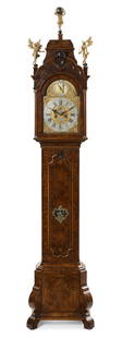 A Dutch Baroque inlaid walnut tall case clock: A Dutch Baroque inlaid walnut tall case clockA Van Aken, Amsterdammid 18th centuryThe arched brass dial with silvered chapter ring, having subsidiary seconds dial and date aperture, with slow/fast dia