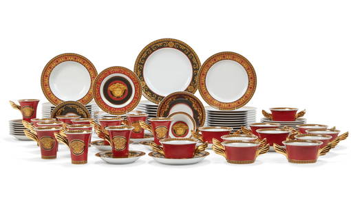 Versace for Rosenthal Medusa porcelain dinner set: A Versace for Rosenthal porcelain dinner service in the Medusa patternmodernComprising twelve 10 1/2in dinner plates, twelve 9in luncheon plates, twelve 8 3/4in soup bowls, twelve 7 1/4in salad plates