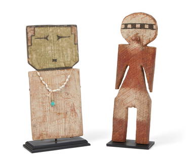 Two Native American wood flat kachina dolls: Two Native American polychrome painted wood flat kachina dollsOn stands. (2)the taller height 14in (36cm); wider width 6 1/2in (16.5cm) Provenance:Double sided Acoma doll with Morning Star Gallery, Sa