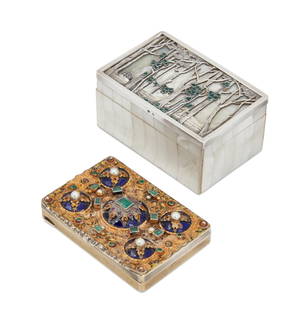 Two Continental stone inset enameled silver boxes: Two Continental stone inset enameled silver boxes20th centuryComprising a Viennese diamond inset parcel enameled 900 standard silver mounted mother of pearl box, Andreas Fischer and a Hungarian pearl,