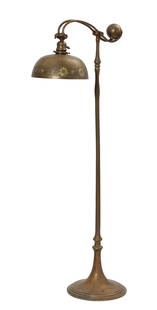 Tiffany Studios bronze counter balance floor lamp: A Tiffany Studios gilt bronze and enameled metal counter balance floor lamp1899-1918With impressed mark to base TIFFANY STUDIOS / NEW YORK / 676, shade associated.height 50 1/2in (128cm); width 12in (