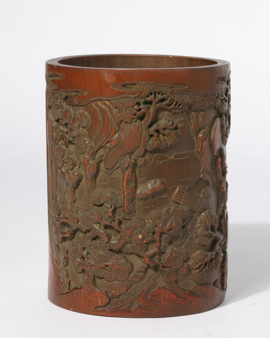 A Chinese bamboo brush pot: A Chinese bamboo brush pot height 7 1/4in (18.5cm); diameter 5 5/8in (14.3cm)