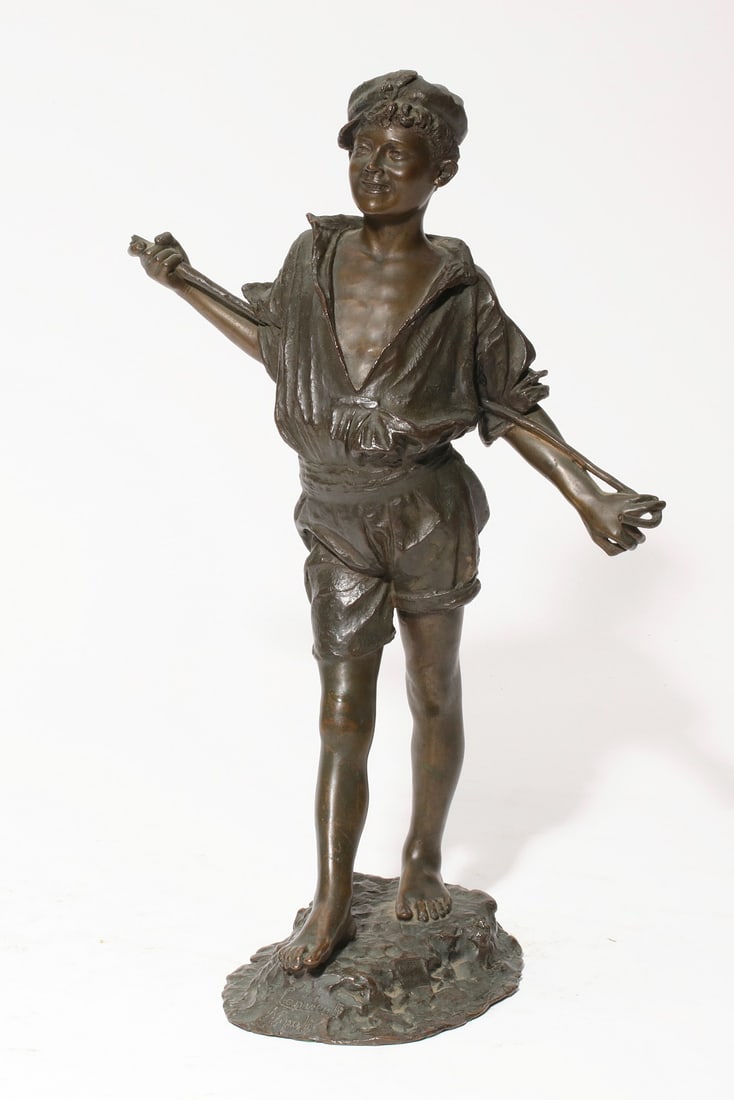 An Italian bronze peasant boy, after Conventi: An Italian patinated bronze figure of a peasant boy after the model by Francesco Conventi (b. 1855) early 20th century Inscribed F. Conventi Napoli and DIRITTI D AUTORE. height 15 1/2in (39cm); width 
