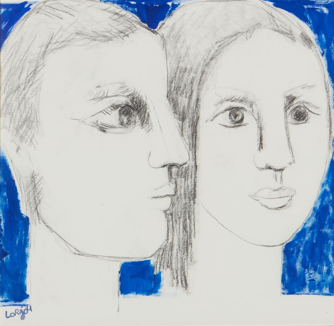 Bernard Lorjou, Portrait of a man and woman: Bernard Lorjou (French, 1908-1986)Portrait of a man and woman - blue background, 1967acrylic and crayon on papersigned lower left Lorjou20 x 21in (51 x 53cm)