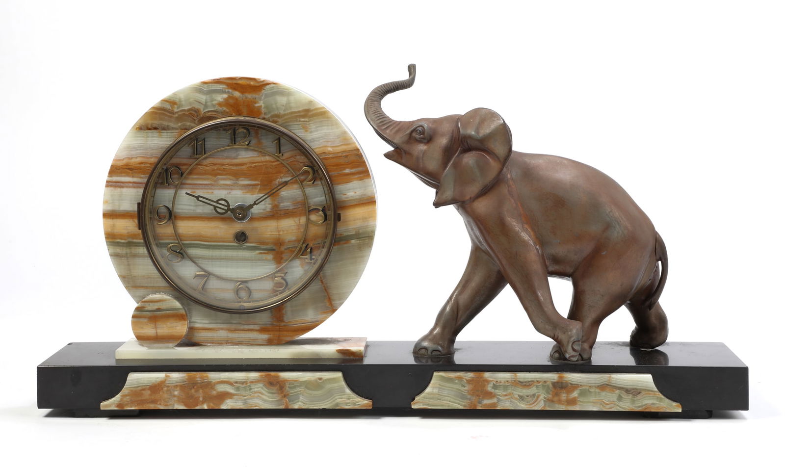 An Art Deco onyx, marble, and metal mantel clock (1 of 2)