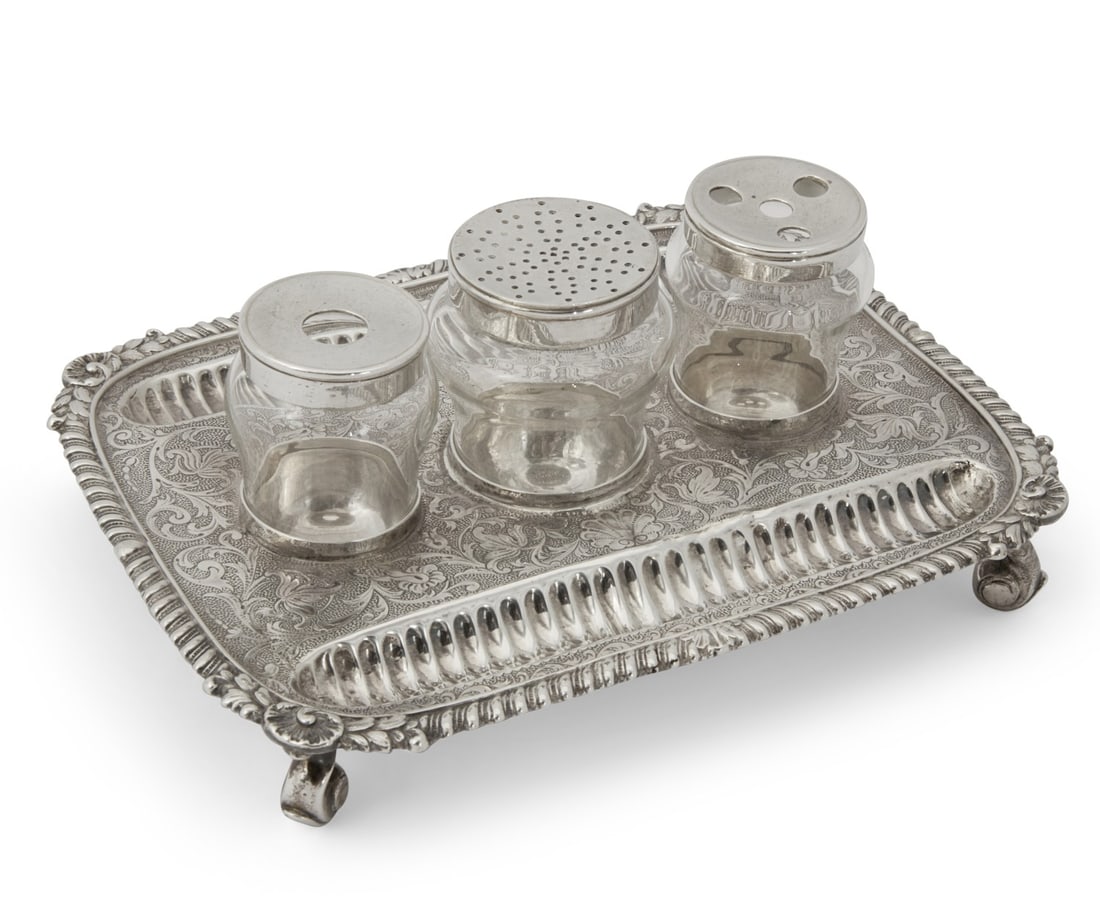 A silver writing stand, marked twice GW (1 of 6)