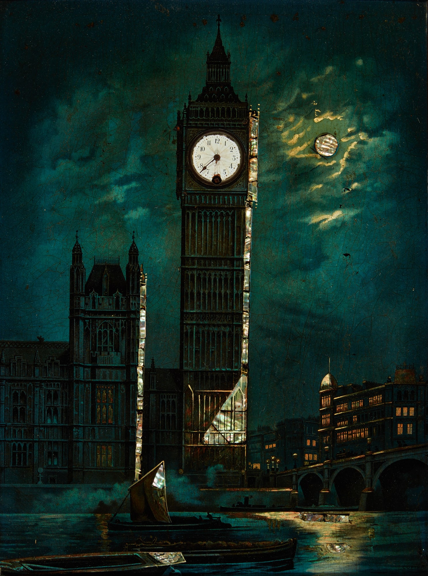 Victorian shell inlaid pictorial clock of Big Ben: A Victorian shell inlaid papier-mache and painted pictorial clock of Big Ben, the Elizabeth Tower, Palace of Westminsterlate 19th century20 x 14 3/4in (51 x 37.5cm) Provenance:Property from the privat