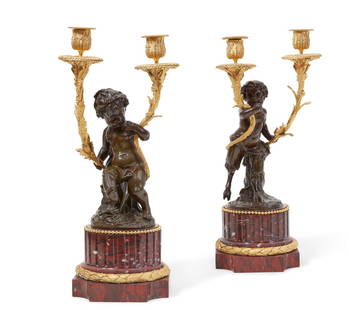A pair of Louis XVI style figural candelabra: A pair of Louis XVI style gilt and patinated bronze and rouge griotte marble figural two light candelabralate 19th/early 20th centuryheight 17in (43cm); width 8in (20.5cm); depth 8in (20.5cm) Provenan