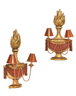 Pair of John Rosselli urn en flambeau wall lights: A pair of John Rosselli Neoclassical style parcel gilt and red painted urn en flambeau twin branch wall lightsmodernheight 30in (76cm); width 16in (41cm) Provenance:Property from interior designer Tim