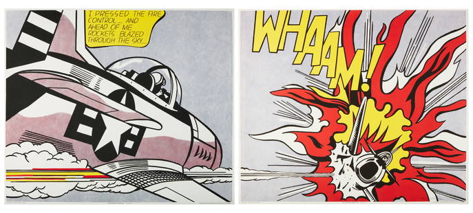 Roy Lichtenstein, Whaam !, offset lithograph: Roy Lichtenstein (American, 1923-1997)Whaam !offset lithograph in colorsDiptych with full margins; published by The Tate Gallery, (1967) London in an edition of 3000, signed in pencil to lower right o