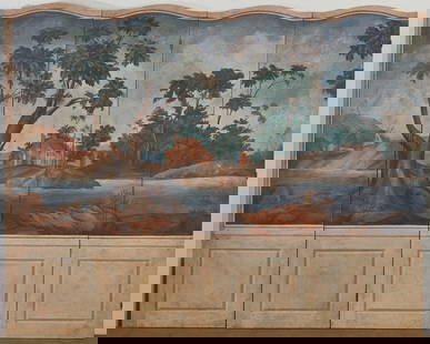 A Continental landscape painted floor screen: A Continental landscape painted eight panel floor screen20th centuryeach panel height 93in (244cm); width 30in (76cm); depth 1 1/2in (4cm)
