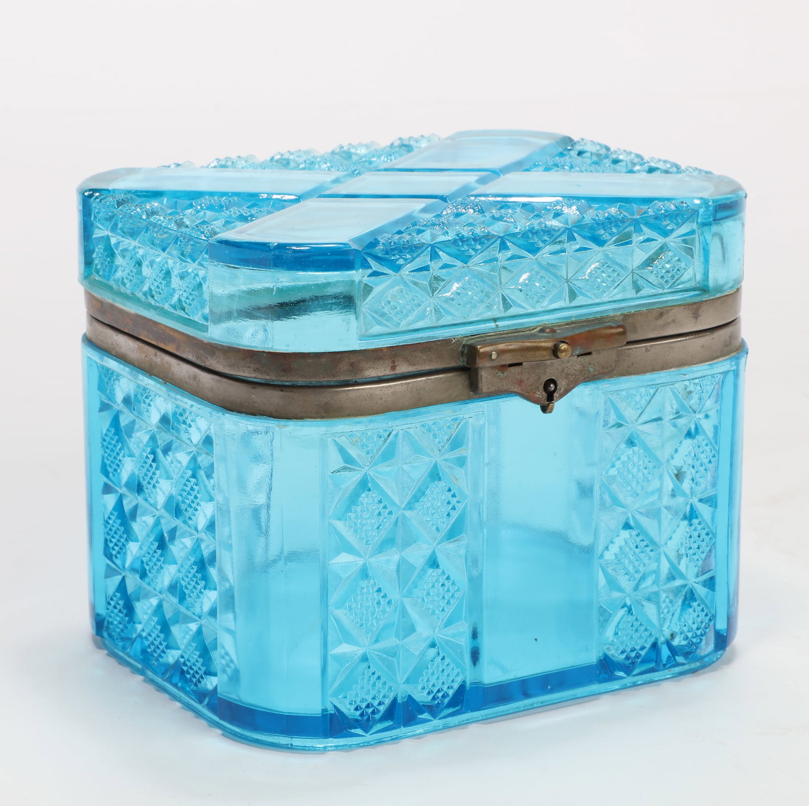 A Malstev Glassworks Russian trinket box: A Malstev Glassworks Russian blue glass trinket box 1904 Inscription on interior base reading ?? ?.?. 1904 ?. ?? 10 ??? meaning From M.F. 1904 for 10 years. height 4 3/4in (12cm); width 4 1/2in (11cm)