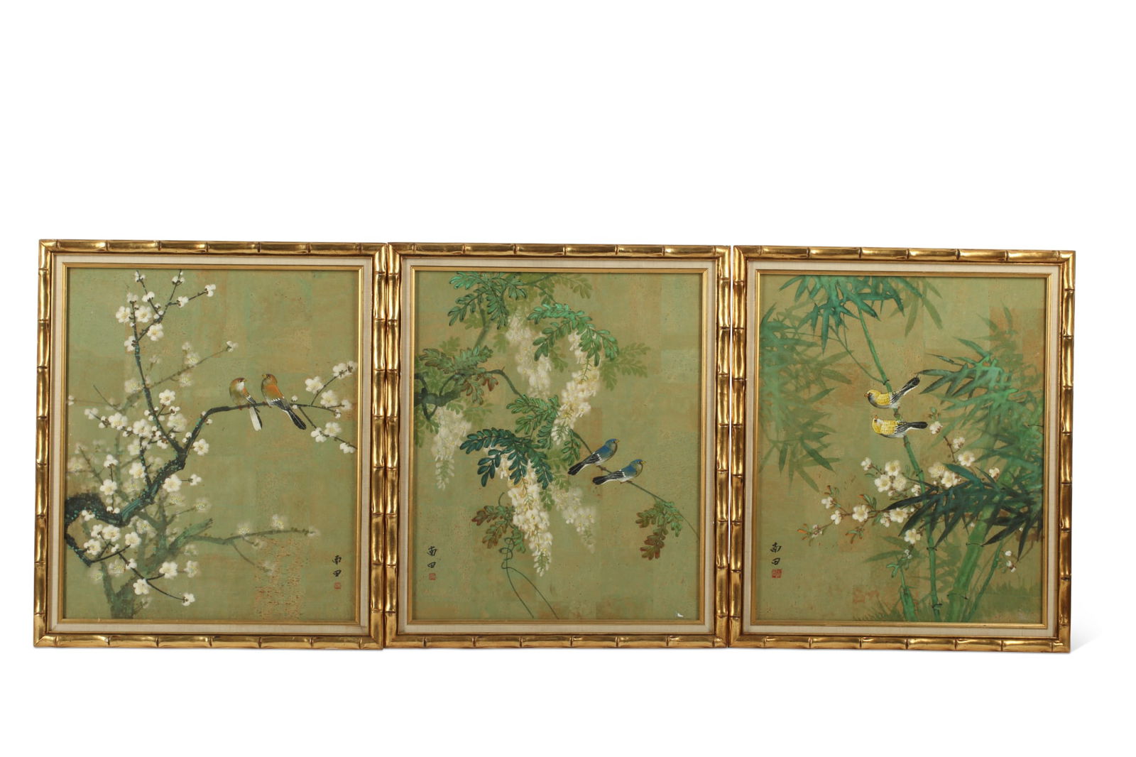 Set of three Chinese paintings birds in foliage (1 of 1)