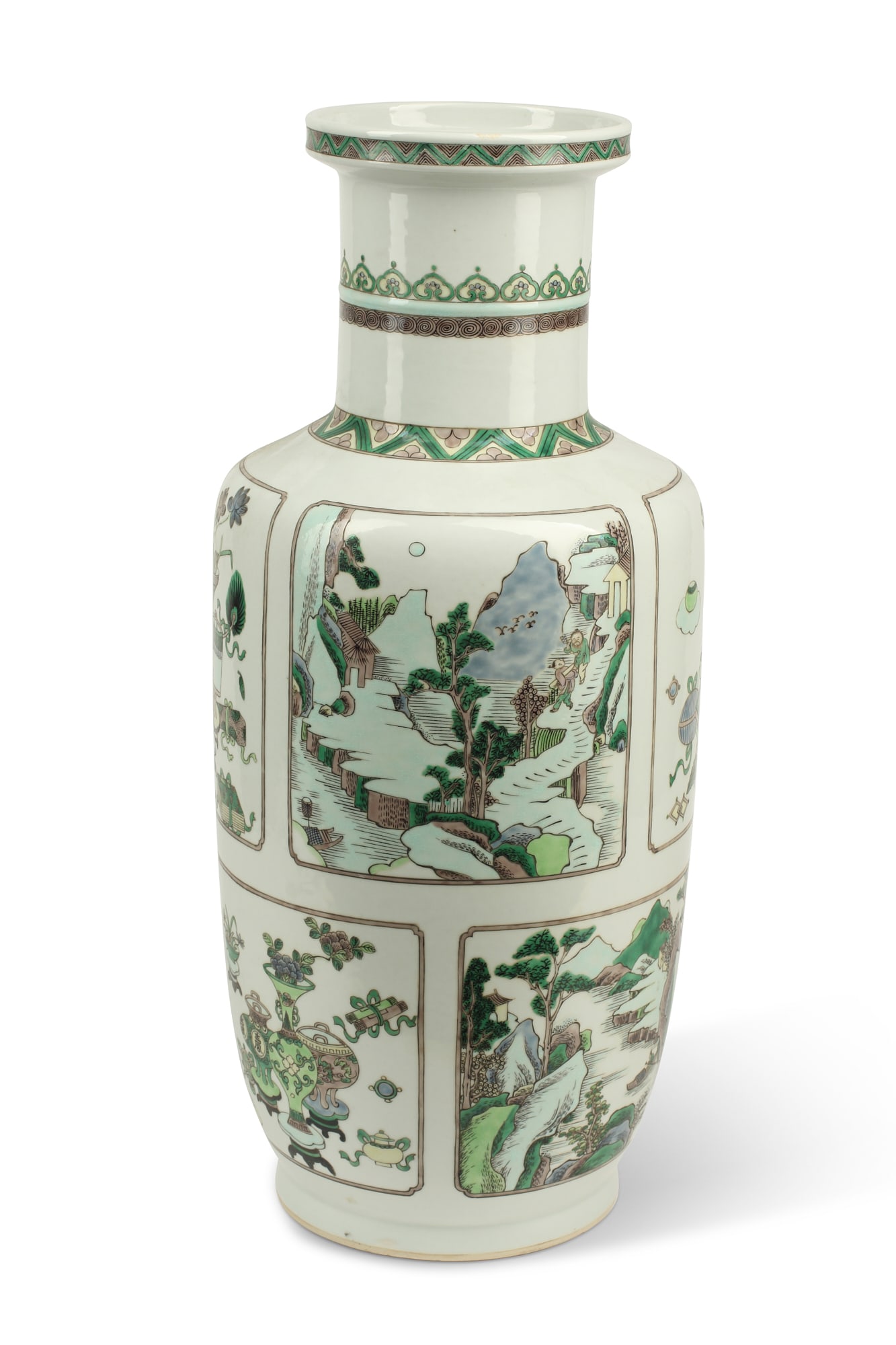 A Chinese famille verte porcelain vase: A Chinese famille verte porcelain vase With six character mark within two circles to underside. height 21 1/2in (55.5cm); diameter 9 1/2in (24cm)
