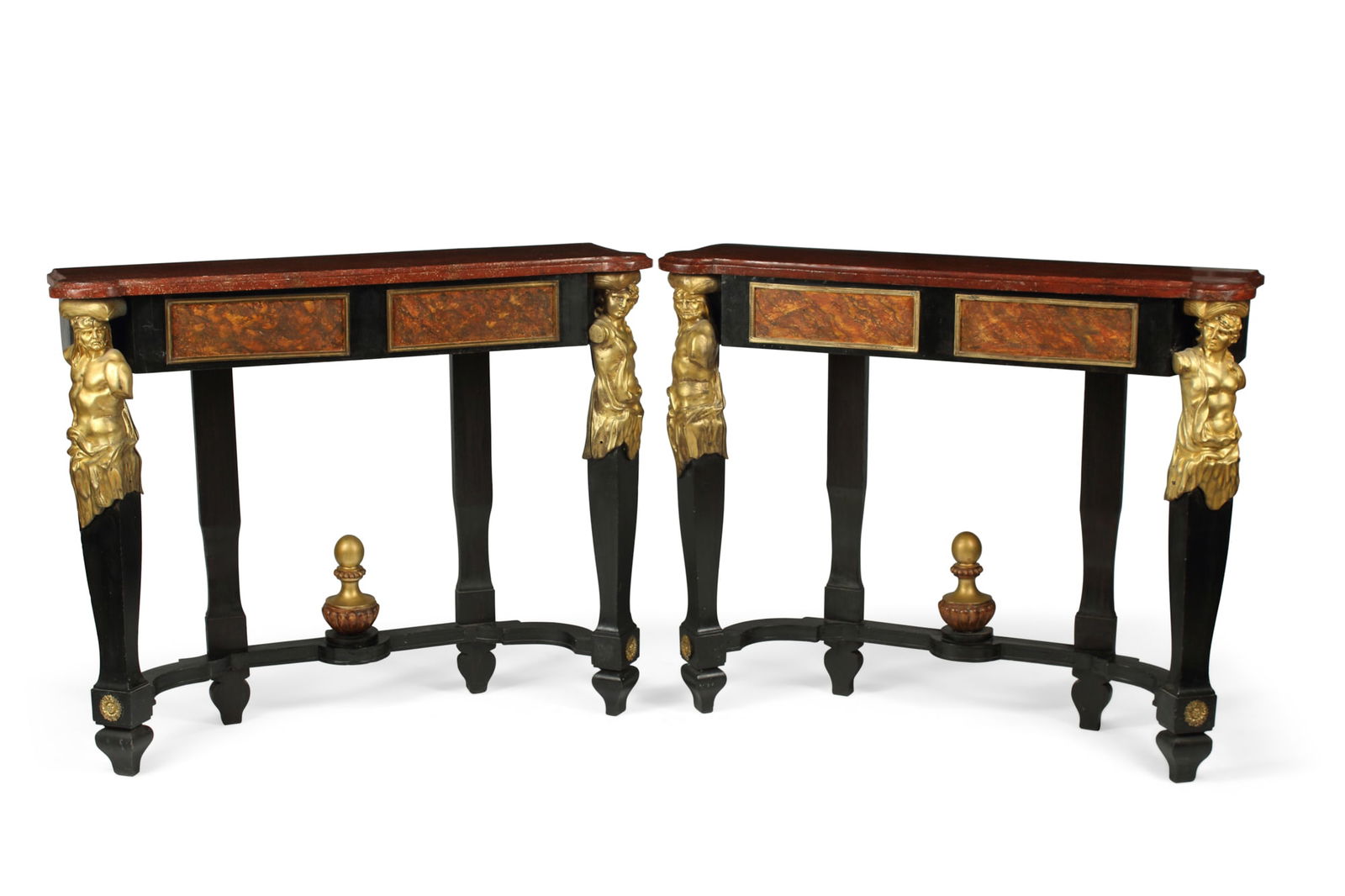 A pair of ebonized faux porphyry marble consoles (1 of 5)