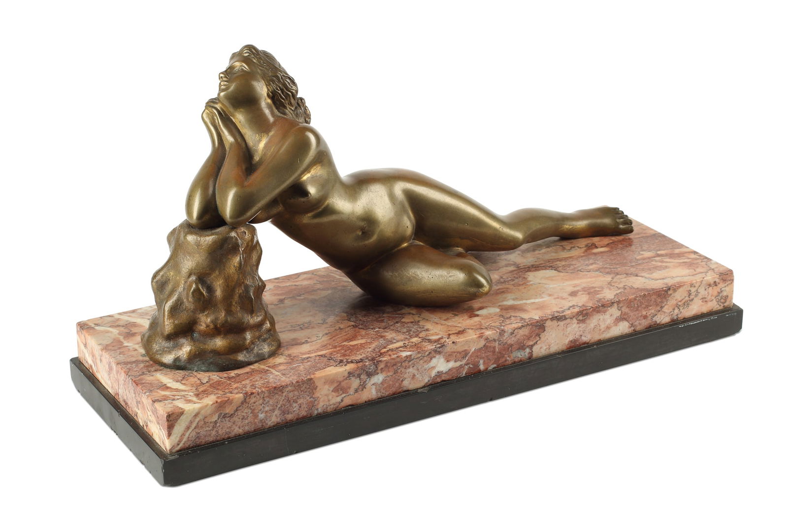 A bronze model of a reclining nude: A patinated bronze model of a reclining nude on marble plinth20th centuryheight 10 1/2in (27cm); width 9 3/4; depth 7 1/2in (19cm)