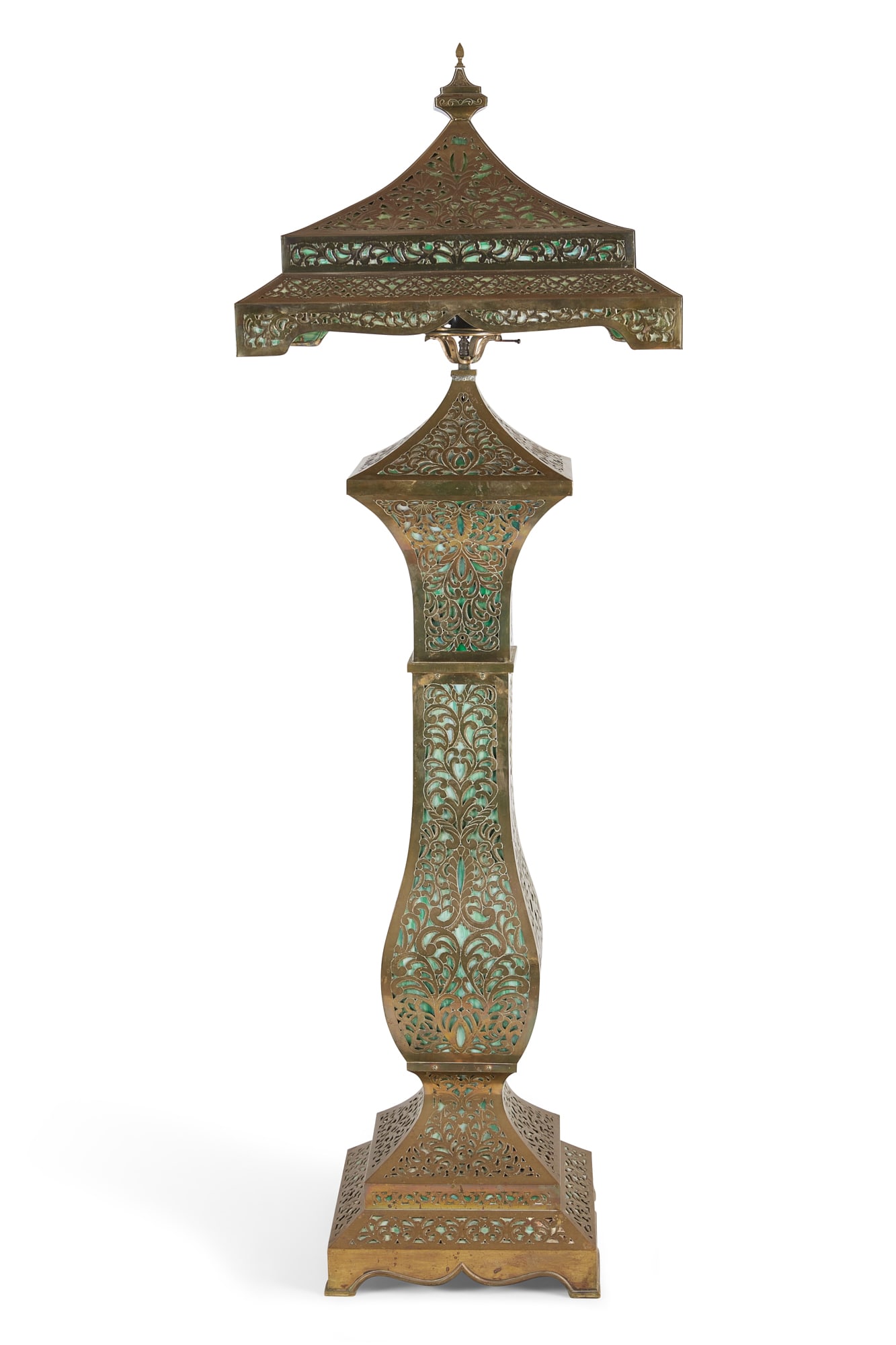 An American floor lamp, attrib to Apollo Studios: An American brass and green slag glass floor lampattributed to Apollo Studiosearly 20th centuryheight 69 1/2in (177cm); width 23in (59cm) square