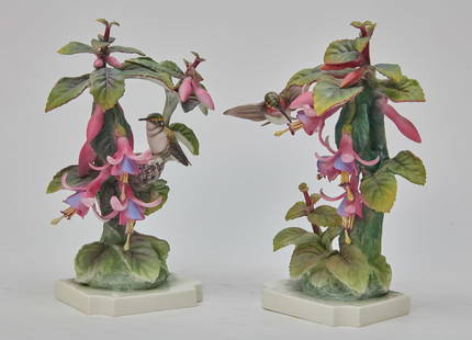 A pair of Royal Worcester porcelain birds: A pair of Royal Worcester porcelain models of birds: Ruby Throated Humming Birds and Fuchsia modeled by Dorothy Doughty designed 1949; issued 1950 Shape numbers 3438 & 3439, black printed factory