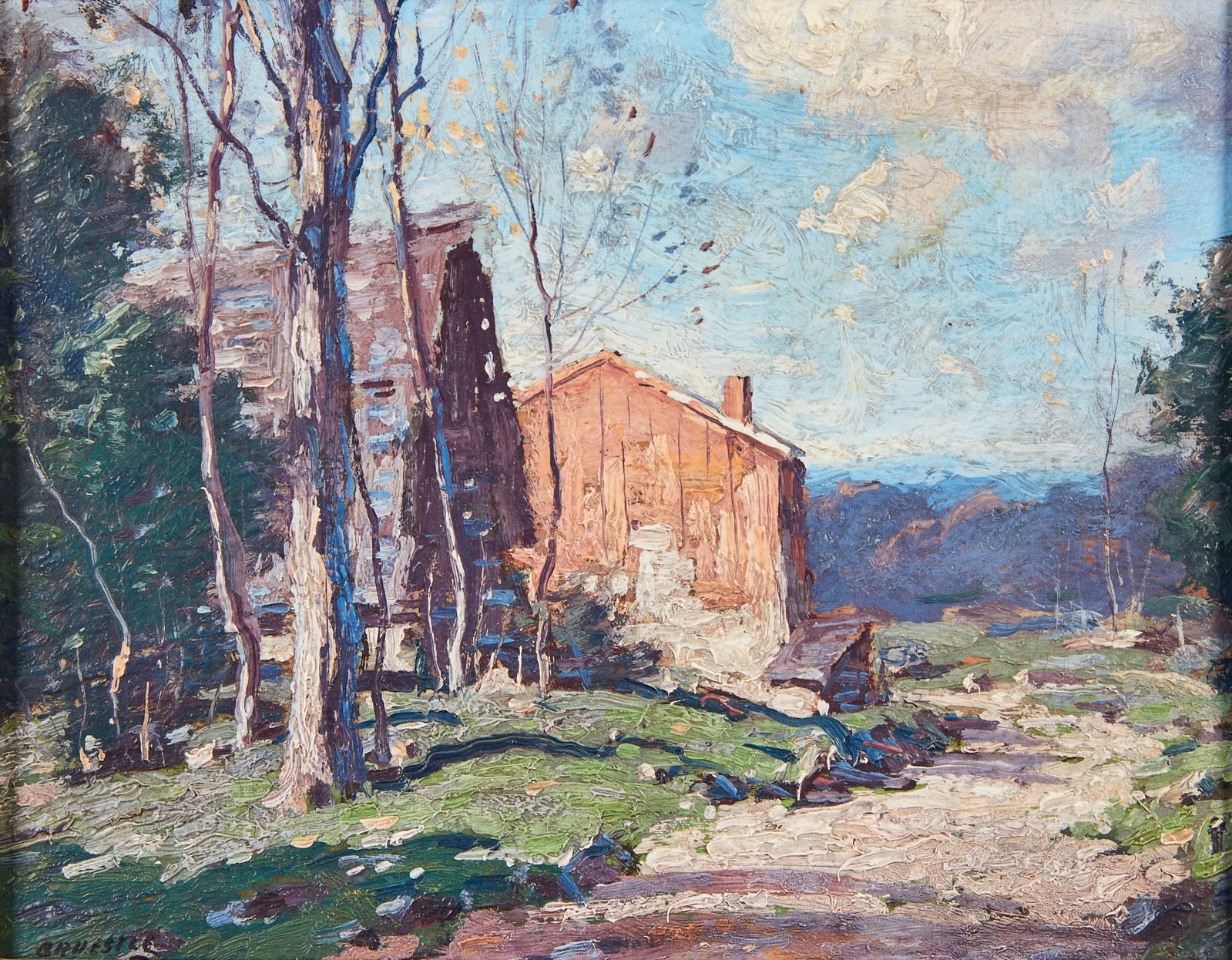 George Matthew Bruestle, In New England: George Matthew Bruestle (American, 1872-1939) In New England oil on board signed lower left: BRUESTLE, also signed and titled on verso: IN NEW ENGLAND / by / GEO. M. BRUESTLE 8 x 10in (20.3 x 2
