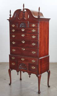 A Statton Queen Anne style cherry highboy: A Statton Furniture Queen Anne style cherry highboypost 1950With stamp to inside drawer.height 84 1/2in (214.5cm); width 39 1/2in (100.5cm); depth 21 1/2in (54.5cm) Provenance:Property from the Estat