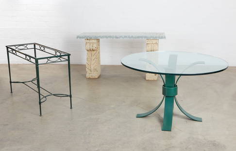 A stone and glass table, a table base and table: A cast stone and glass tile top console table together with a green painted iron console table base and green painted metal and round glass top table together with a green painted iron console table