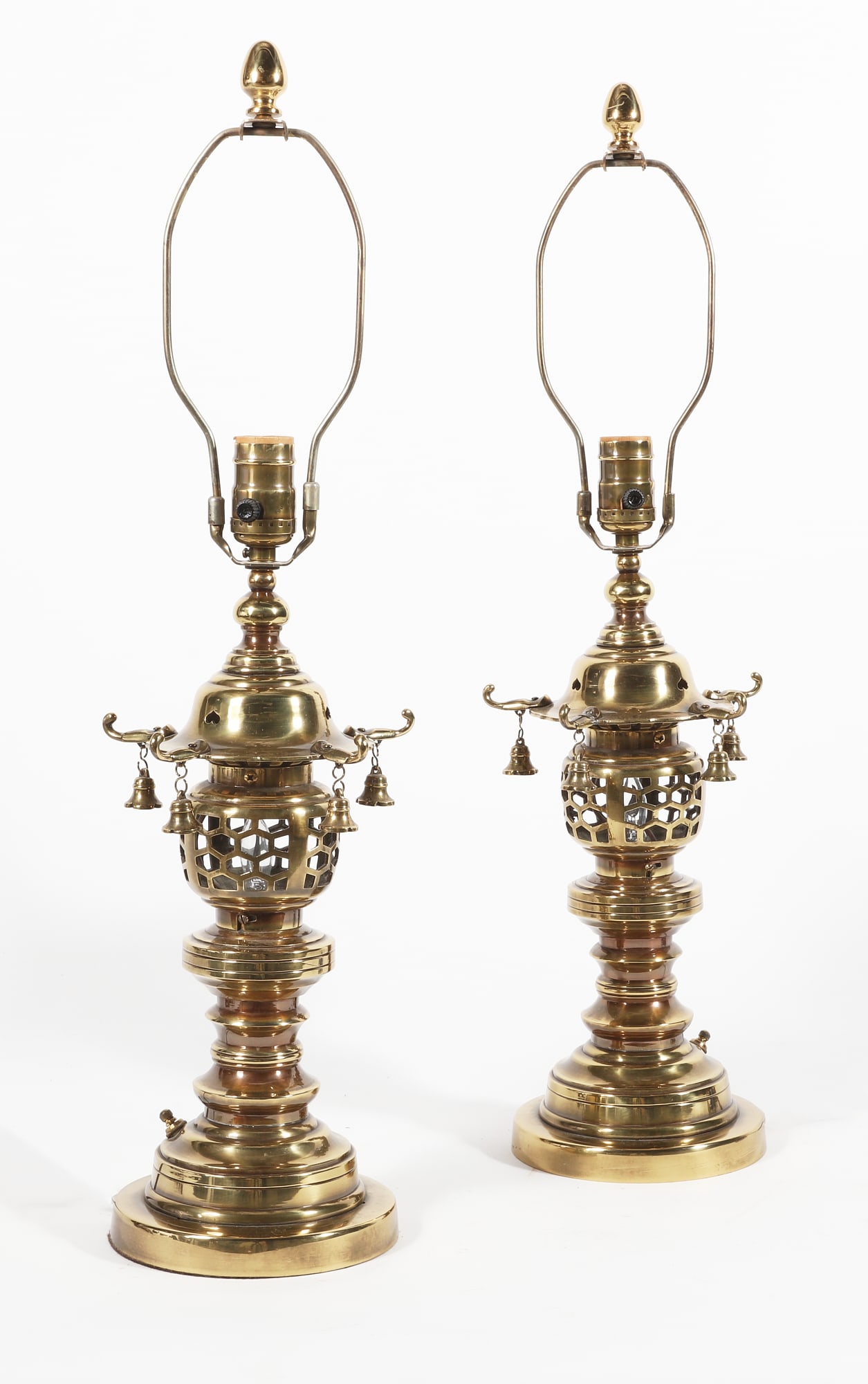A pair of Chinese brass pagoda form lamps (1 of 3)