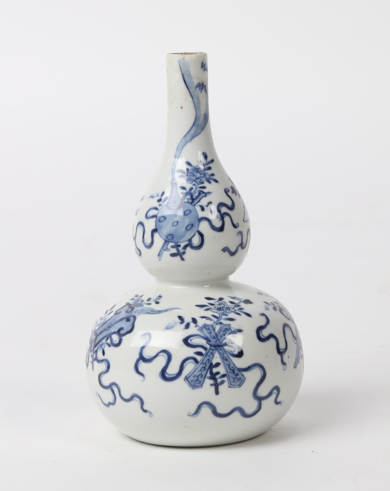 A Chinese porcelain double gourd vase: A Chinese porcelain double gourd vase with Eight Immortals emblem decoration height 8in (20cm); width 4 1/2in (11.5cm) Provenance: Property from a Private Laurel Canyon, Los Angeles Collection.