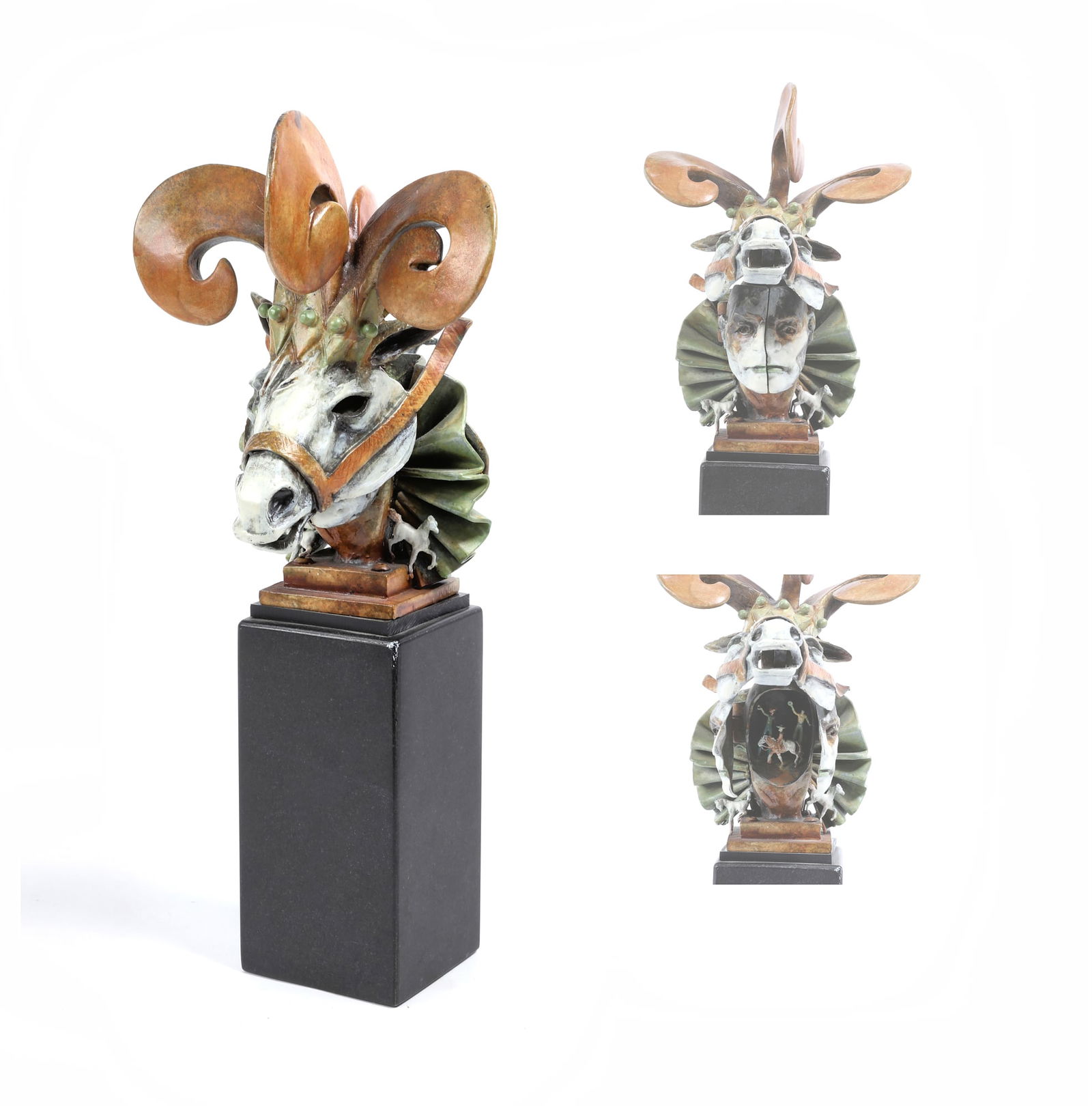 Theodore Gall, Carnival horse, painted bronze: Theodore Gall(American, b. 1941)Carnival horsepainted bronzemetamorphic, side of base inscribed T GALL, raised on a black slate veneered pedestaloverall 14 1/4 x 6 1/2 x 7in (36 x 16 1/2 x 18cm)</