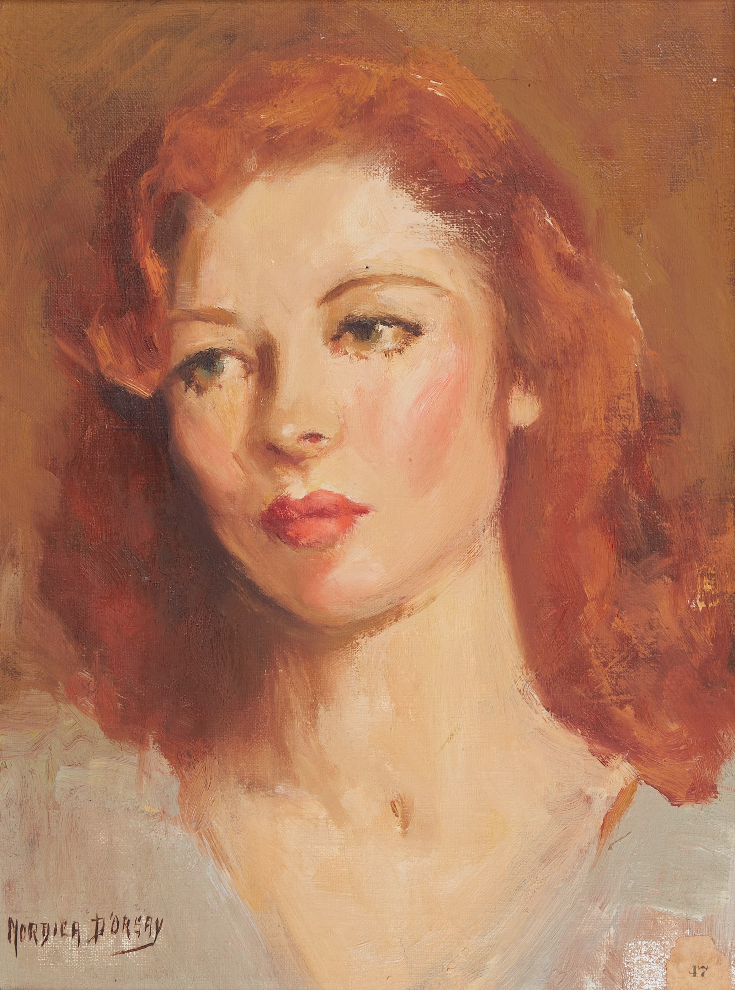 Nordica Abbott D'Orsay, Portrait of a lady: Nordica Abbott D'Orsay (American, 1912-1969) Portrait of a lady with red hair oil on canvas signed lower left NORDICA D?ORSAY, signed again to reverse 16 x 12in (40.5 x 30.5cm)