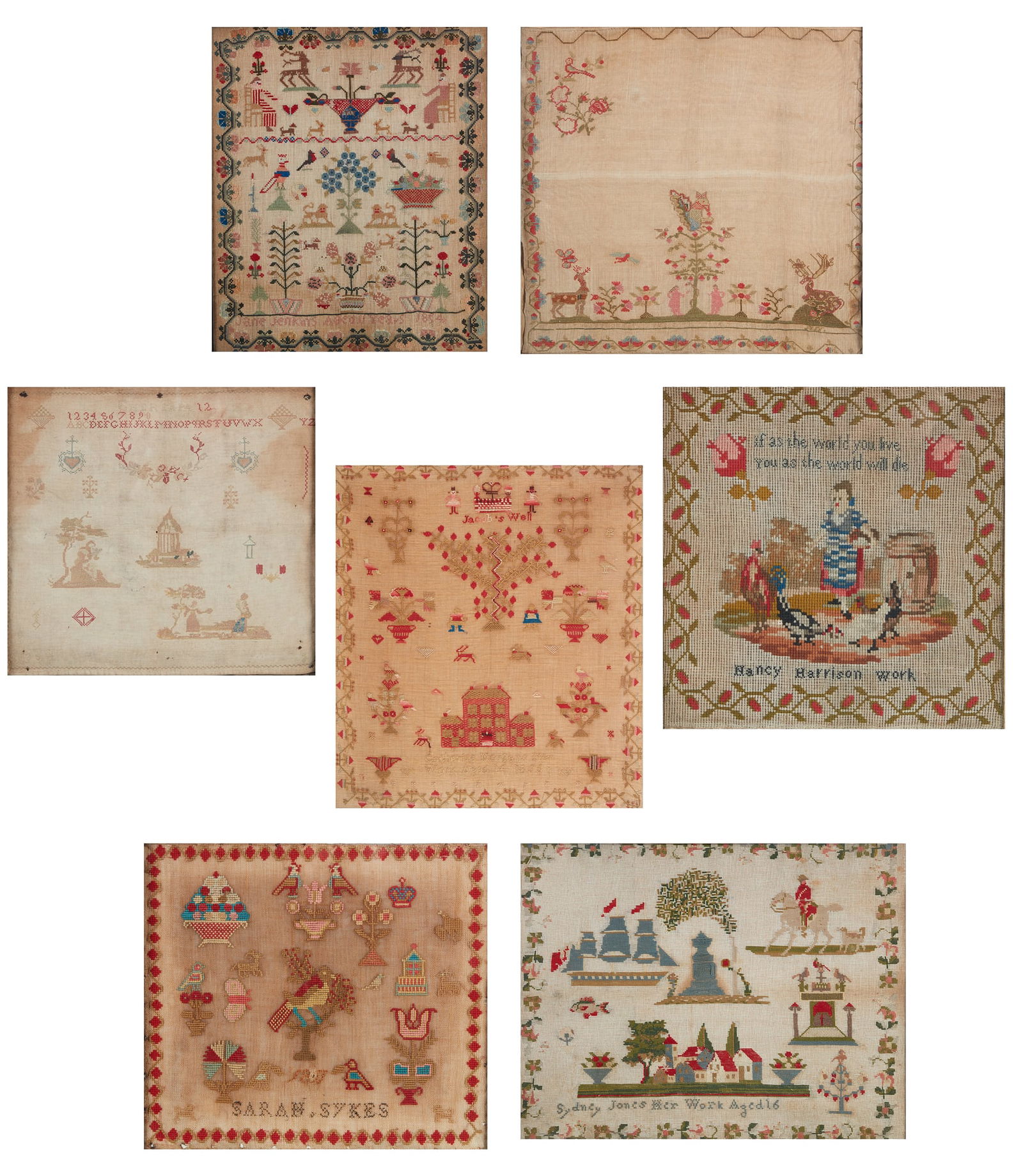 A group of seven American or English samplers: A group of seven American or English needlework samplers19th century24 3/4 x 22in (63 x 56cm) Provenance:Property from a Private Laurel Canyon, Los Angeles Collection.