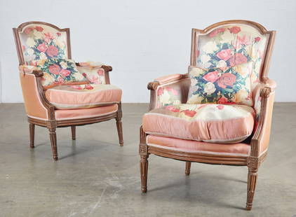 A pair of Louis XVI beechwood bergeres: A pair of Louis XVI beechwood bergereslate 18th centuryWith Virgil Marti upholstery.height 37 1/2in (95cm); width 25 1/2in (65cm); depth 24in (61cm)