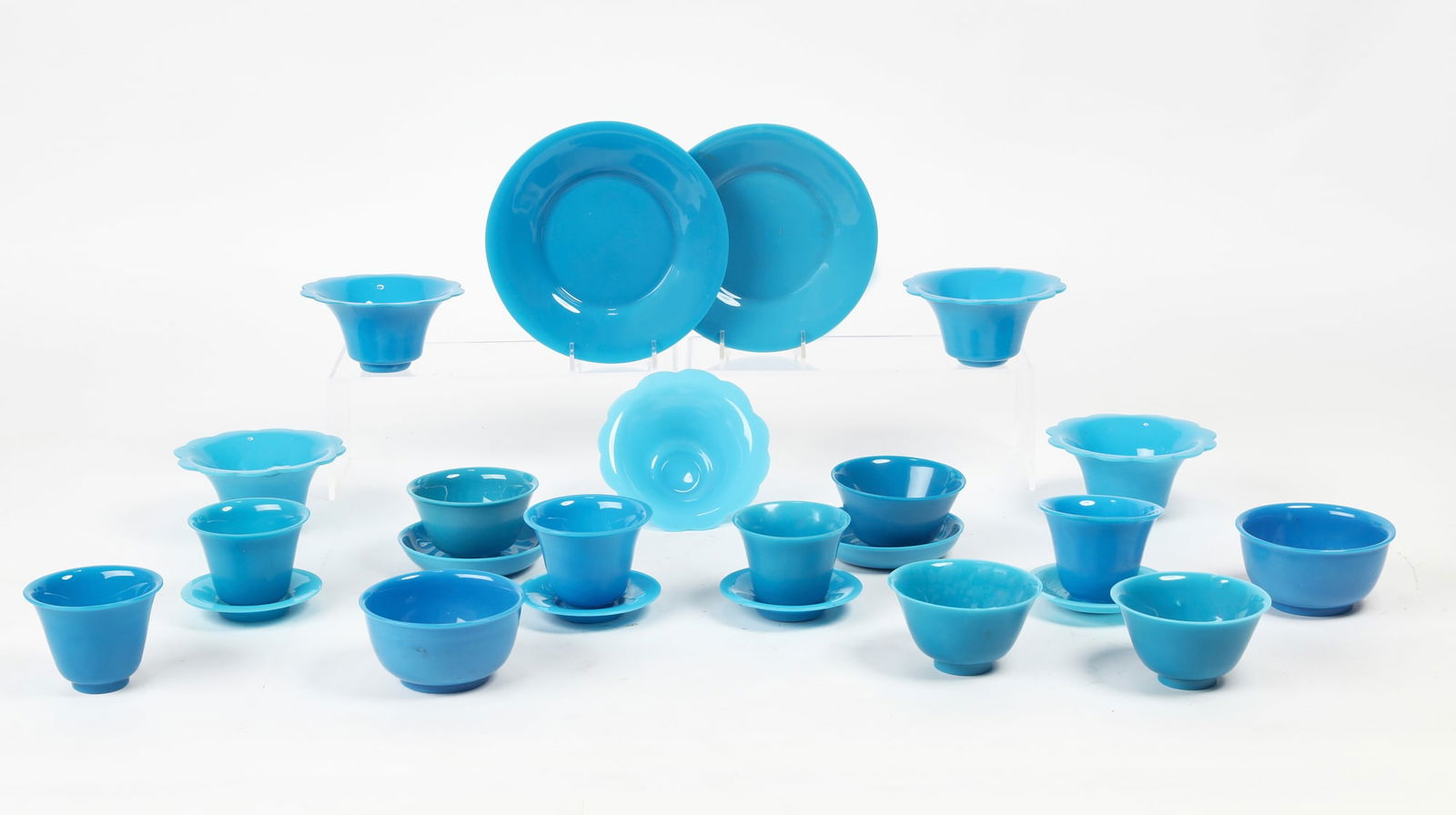 Twenty four Peking blue glass bowls and plates (1 of 6)