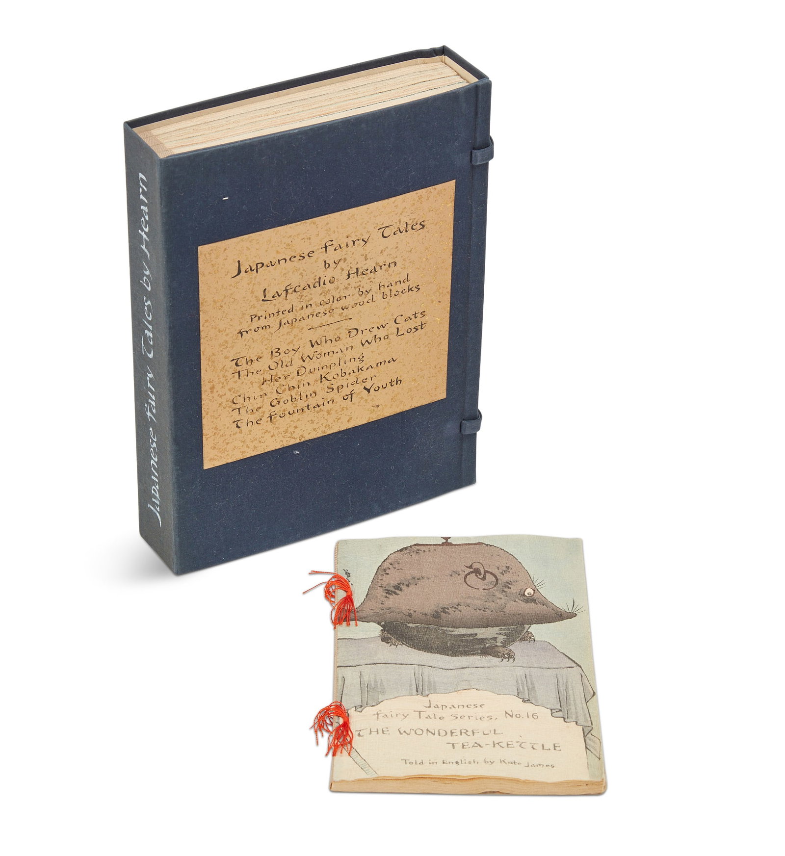 Japanese Fairy Tales, 6 volumes: Japanese Fairy Tales, 6 volumes Lot includes: 1-5. Hearn, Lafcadio (1850-1904). Japanese Fairy Tales. Tokyo: Hasegawa, ca. 1920. (5 volumes, complete). small 8vos.; wood block printed in colors on cre