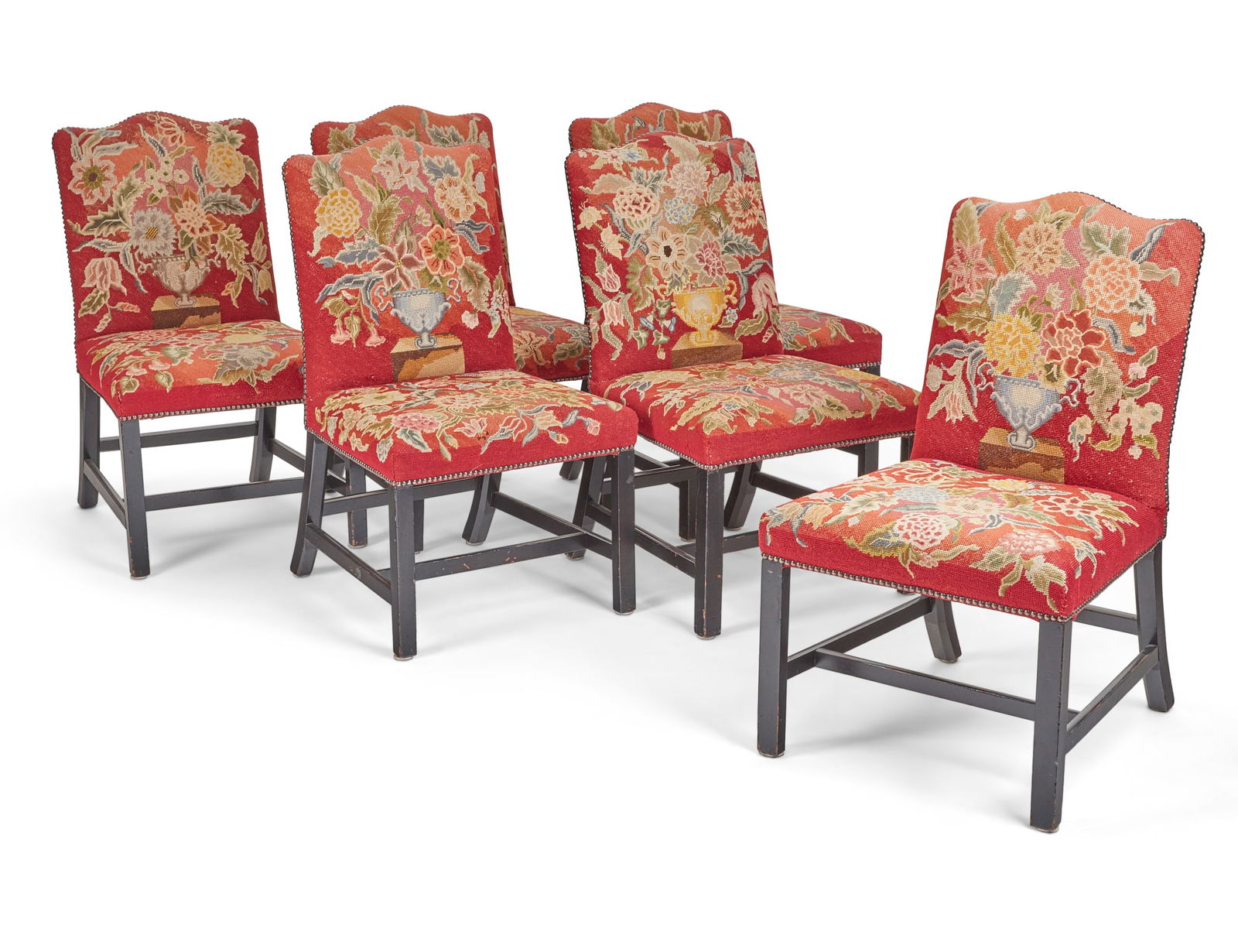 Six George III style upholstered ebonized chairs (1 of 9)