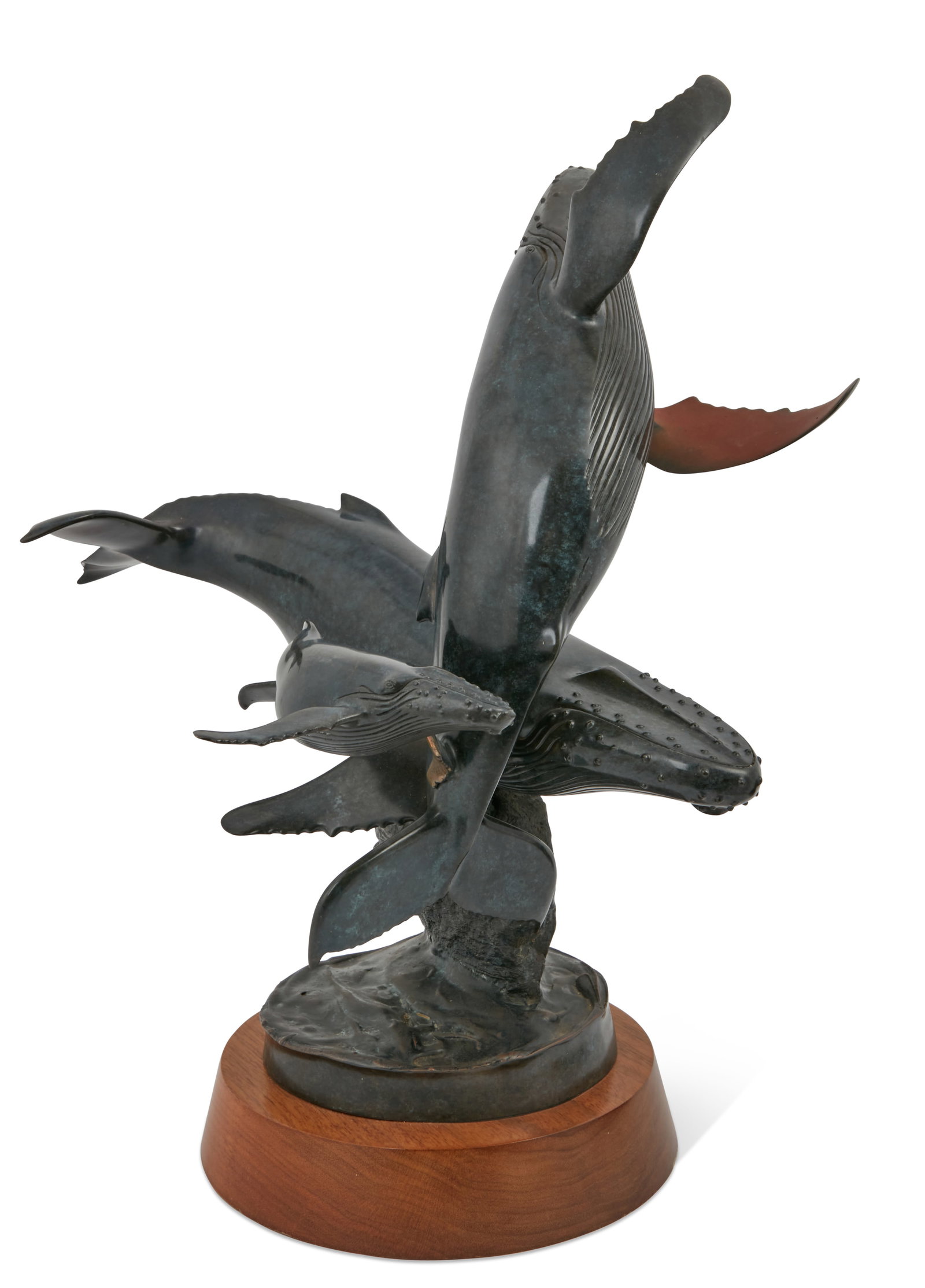 Randy Puckett, Humpback whale group: Randy Puckett (American, b. 1946) Humpback whale group, 1988 patinated bronze inscribed Randy Puckett © dated and numbered 111/150, on a circular walnut base. overall height 18 1/2 x 18 x 13in (47 x 
