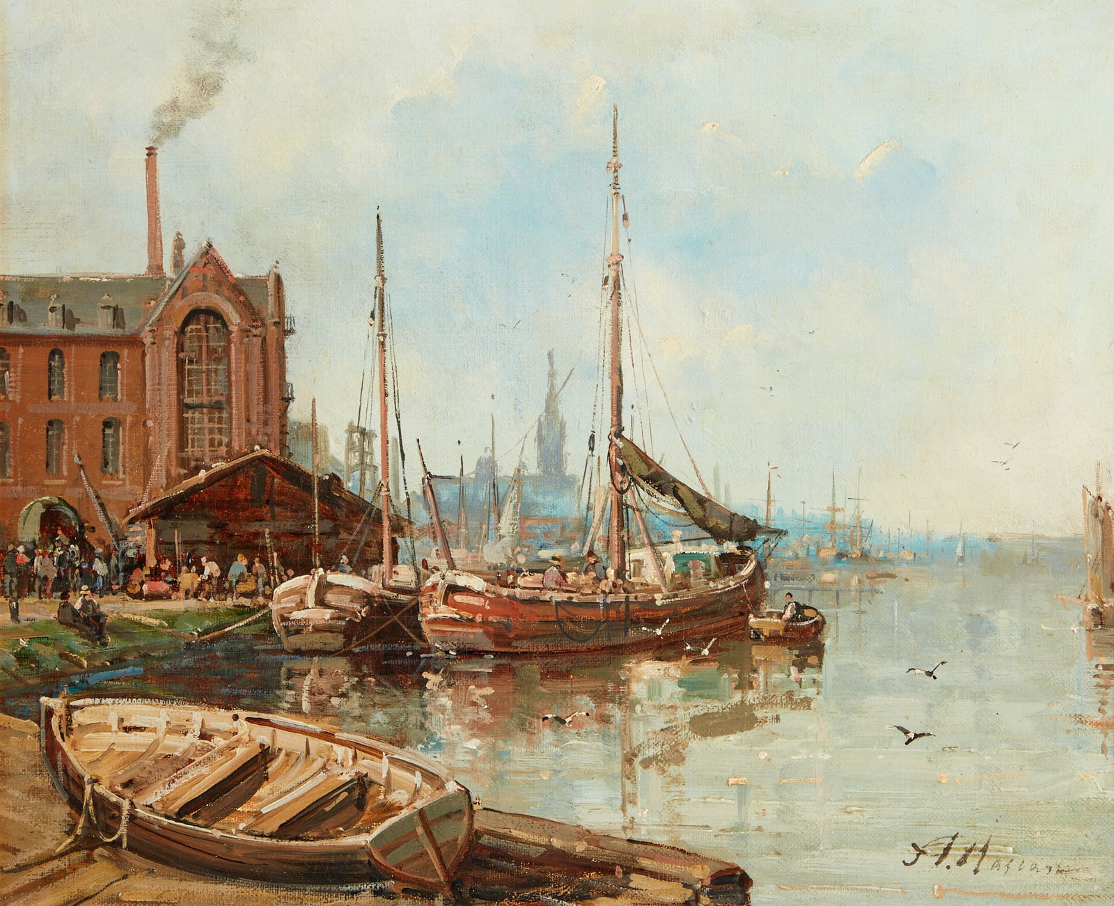 A Masson, Anvers from the river: A Masson (French, (19th century)) Anvers from the river oil on canvas signed A. Masson lower right 13 1/4 x 16 1/4in (33.5 x 41.5cm) Provenance: Property from a Private Collection