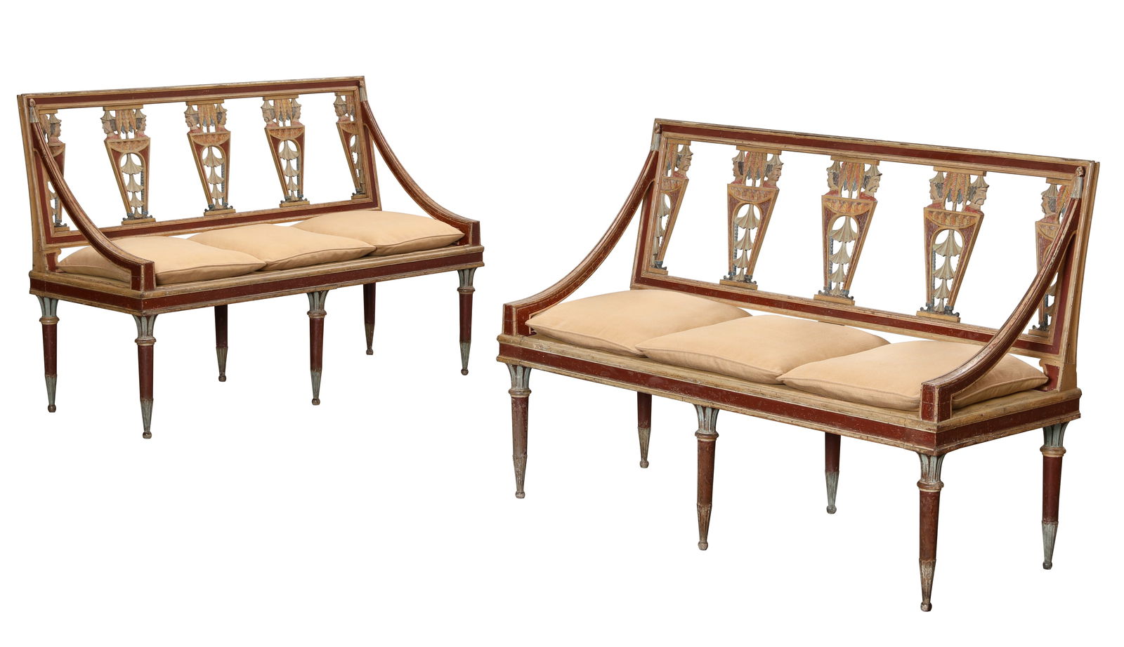 A pair of North Italian Chinoiserie settees: A pair of North Italian polychrome Chinoiserie decorated setteesin the manner of Giuseppe LevatiLombardylate 18th centuryheight 40in (101.5cm) high; width 57 1/2in (146cm); depth of seat 20in (51cm) P
