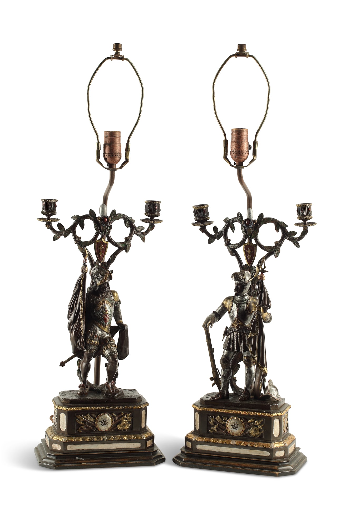 A pair of silvered, gilt, painted figural lamps (1 of 1)