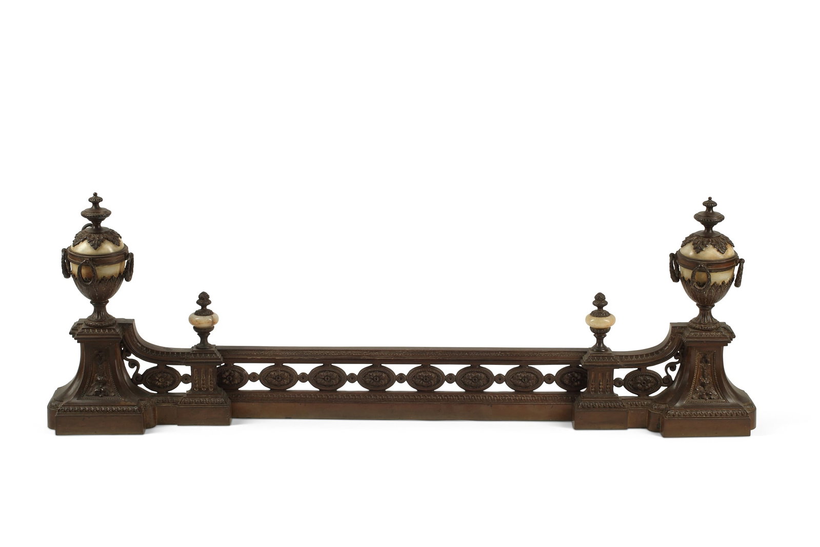 An Empire style extending fire fender: An Empire style onyx and patinated bronze extending fire fender second half 19th century height 18 1/2in (47cm); width extended 55in (140cm); depth 5in (13cm)
