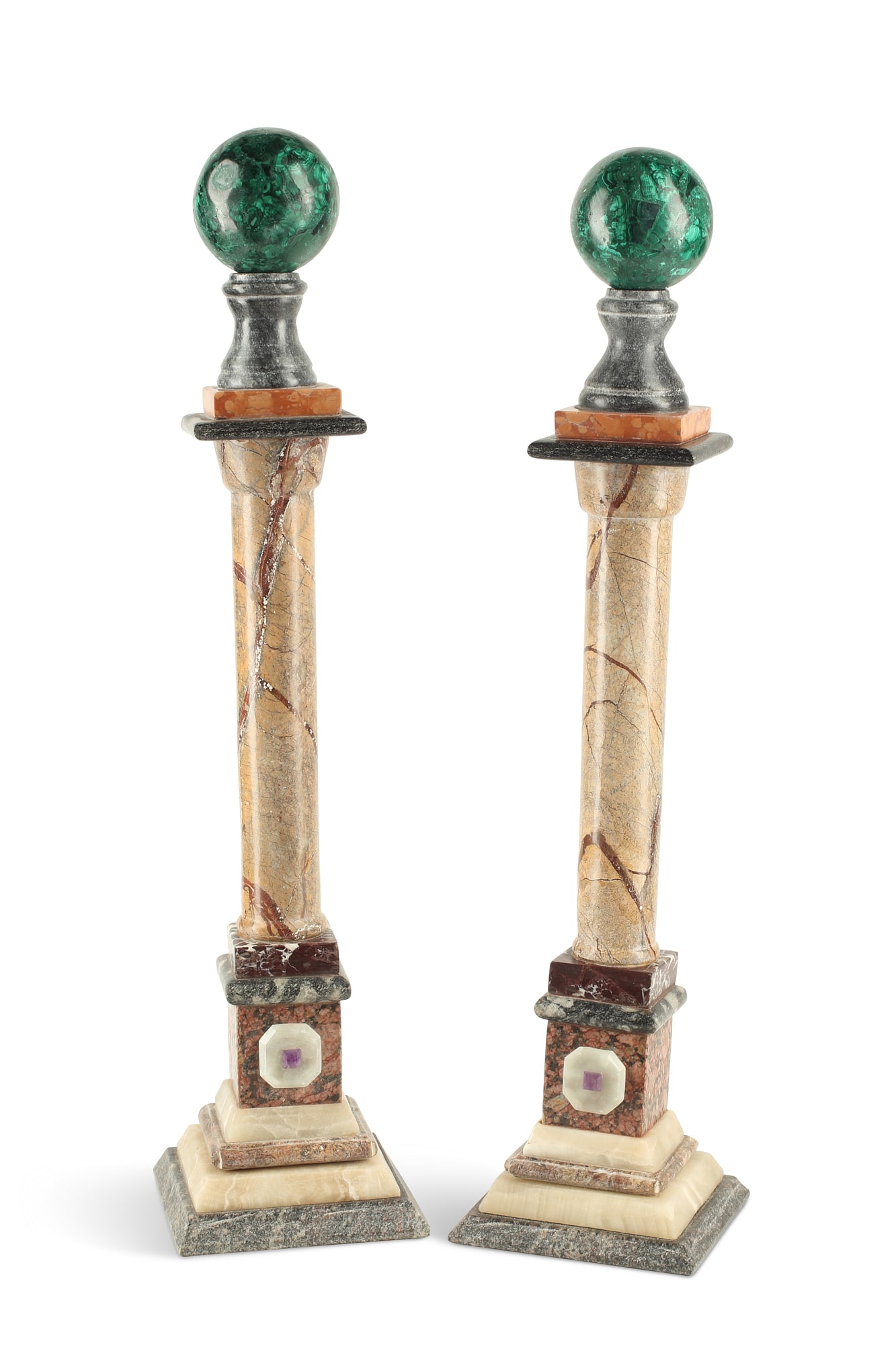 A pair of Neoclassical style columns: A pair of Neoclassical style specimen marble and malachite veneered columns height 26in (66cm); width 6in (15cm); depth 6in (15cm)