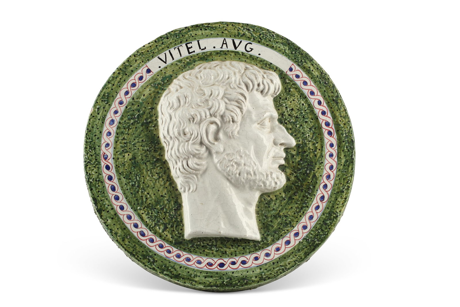 A painted terracotta relief portrait plaque: A painted terracotta relief portrait plaque 19th/20th century Inscribed .VITAEL.AVG. diameter 17 1/2in (44.5cm)