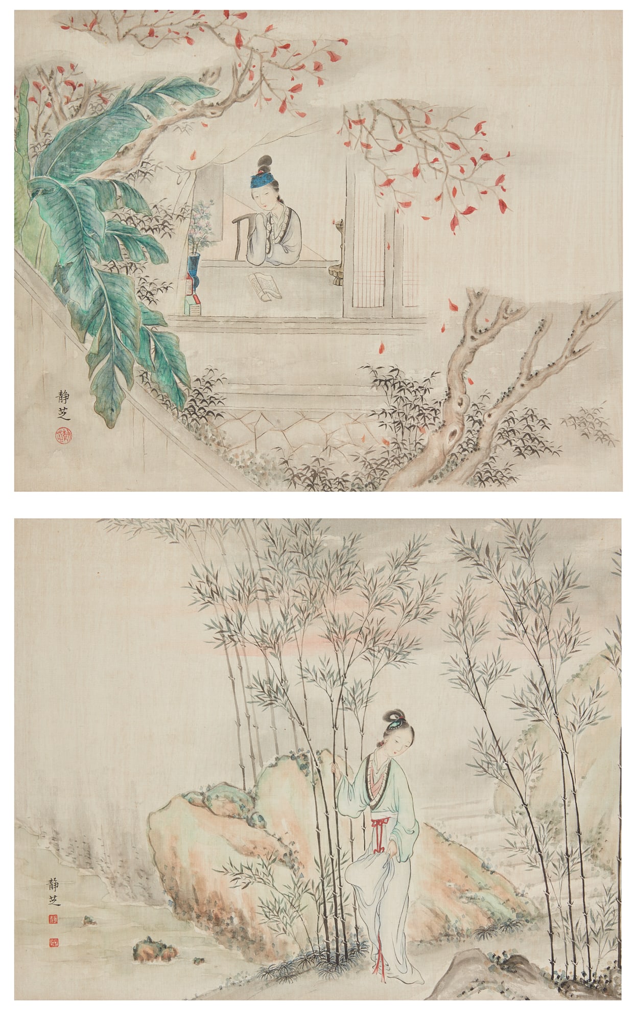 Two Japanese figures on silk: Two Japanese figures on silk In the manner of Yu Jingzhi. Provenance: Property of a Private Collector, Orange County, CA.
