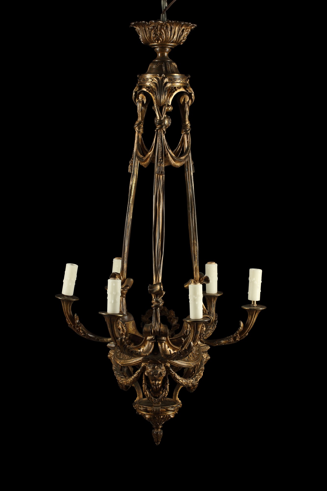 A Louis XVI style gilt bronze chandelier: A Louis XVI style gilt bronze six light chandelier circa 1900 height 40 1/2in (103cm); diameter 20in (51cm)