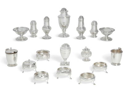 An assembled group of English sterling ware: An assembled sixteen piece group of English sterling silver condiment ware various makers 18th-20th century Including a sugar caster and pair of mustard pots, William Comyns & Sons, London, 1930,